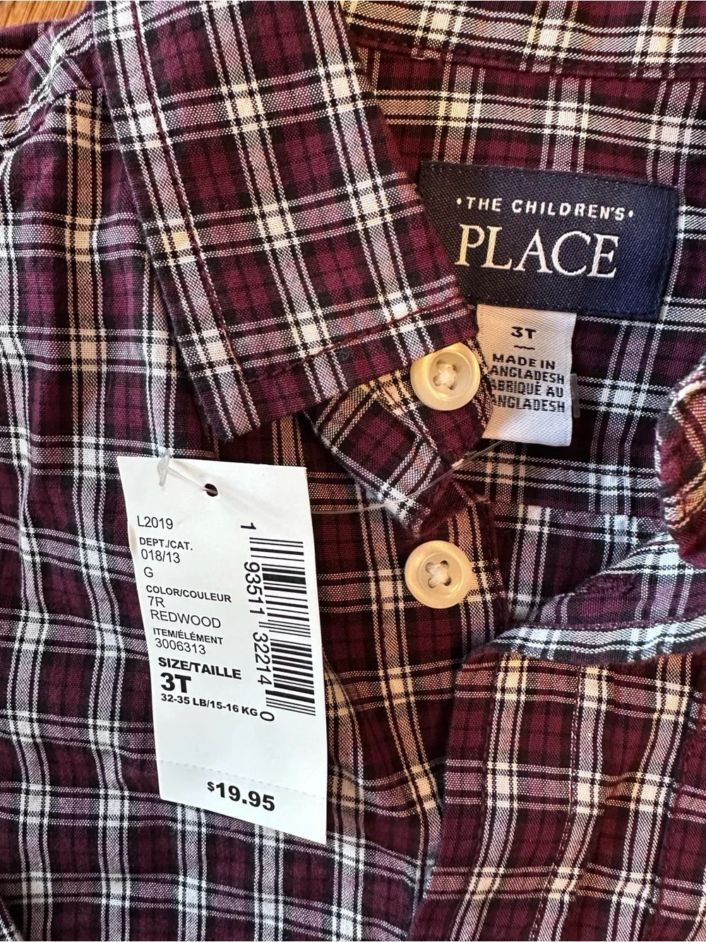 The Children's Place Boys' Burgundy Plaid Button-Down Shirt NWT